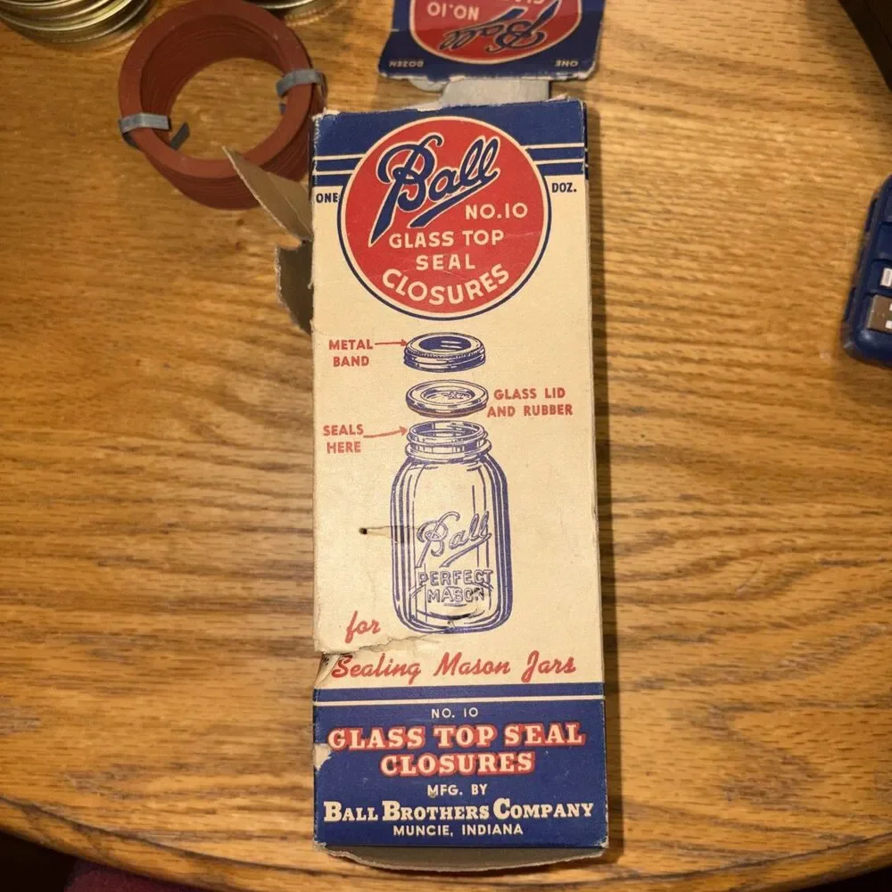 Vintage New Ball No. 10 Glass Top Seal Closures Lids Bands Box 1940s Craft Decor